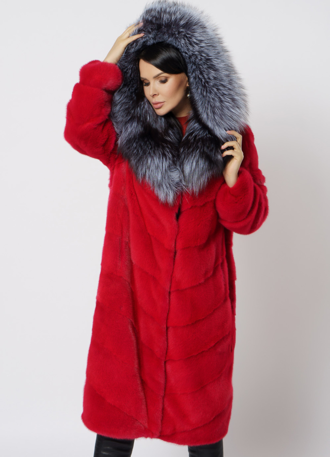 Шуба из норки красного цвета модель № 21687 универмаг малина