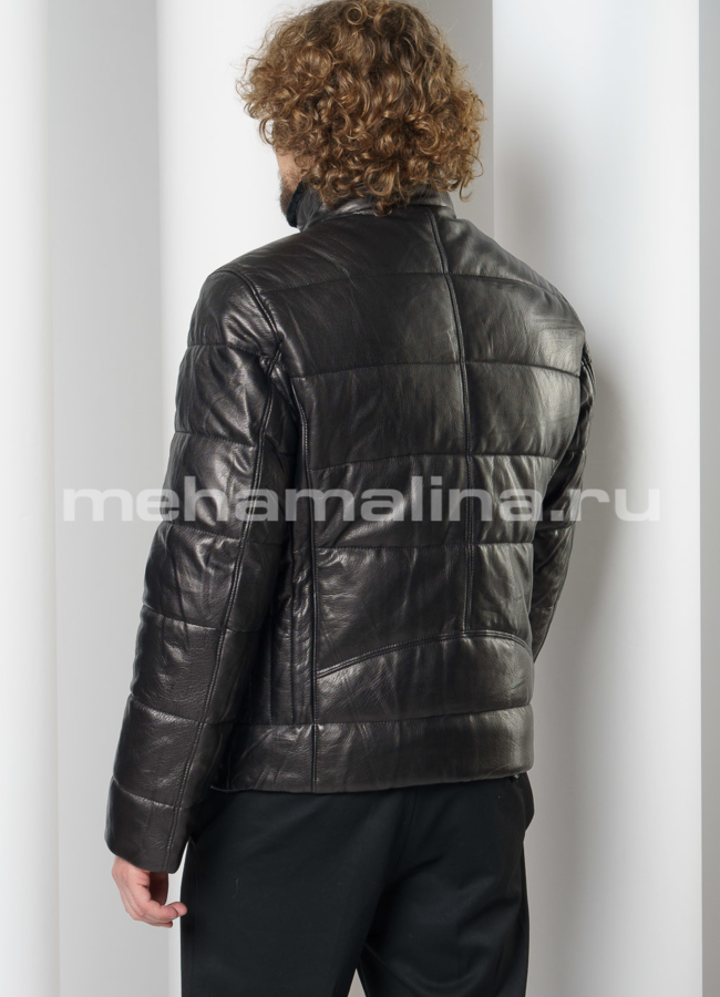 Кожаный пуховик черного цвета на молнии модель № ПМ-104 в кредит