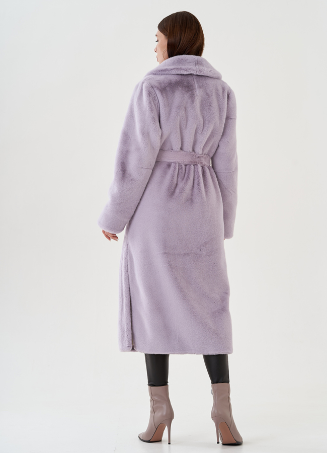 Удлиненная шуба из экомеха в светло-фиолетовом цвете модель № 81535 в кредит