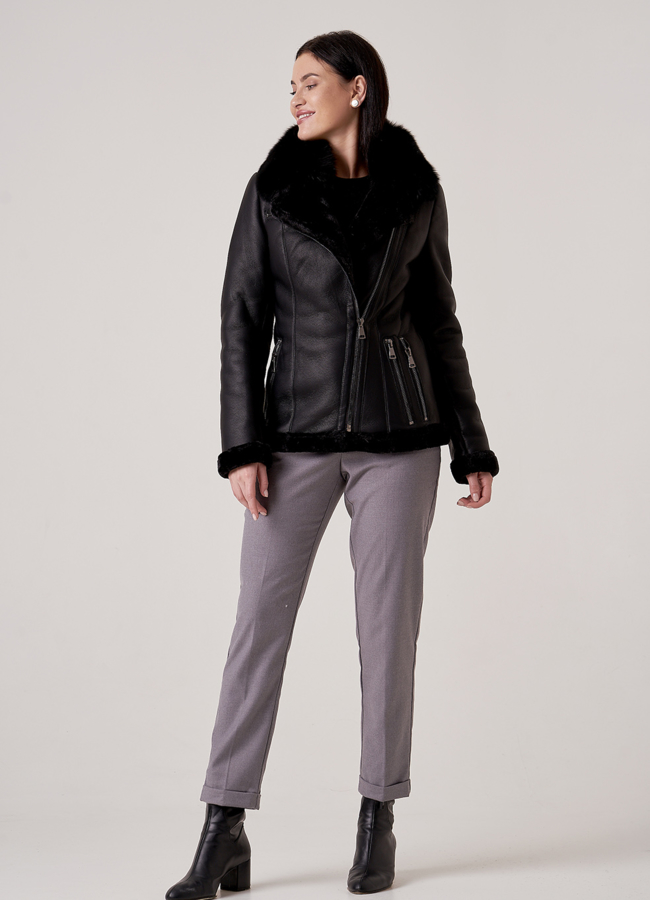 Дубленка черного цвета с воротником из песца модель № 1970-1 универмаг малина