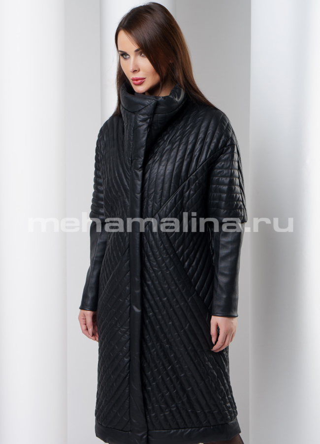 Модное кожаное пальто модель № K-384 универмаг малина