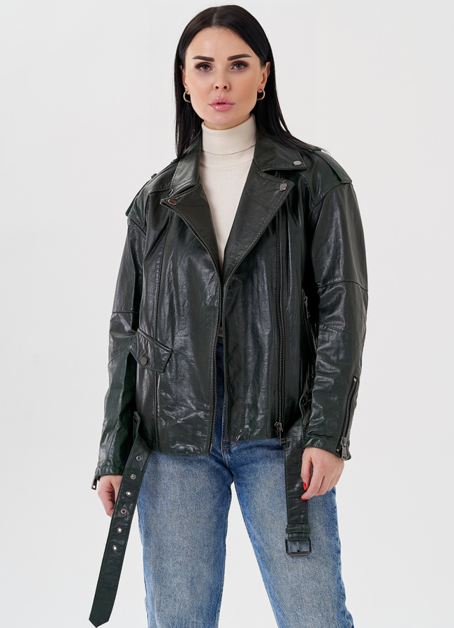 Женская куртка - косуха из натуральной кожи модель № 24087 меха малина