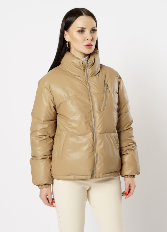 Куртка из эко кожи утепленная бежевого цвета модель № 821 в кредит