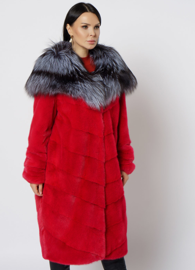 Шуба из норки красного цвета модель № 21687 в рассрочку