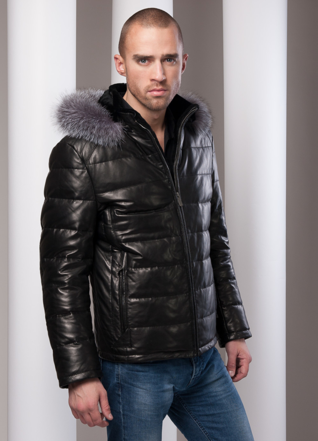 Кожаный пуховик модель № ПМ-45 меха малина