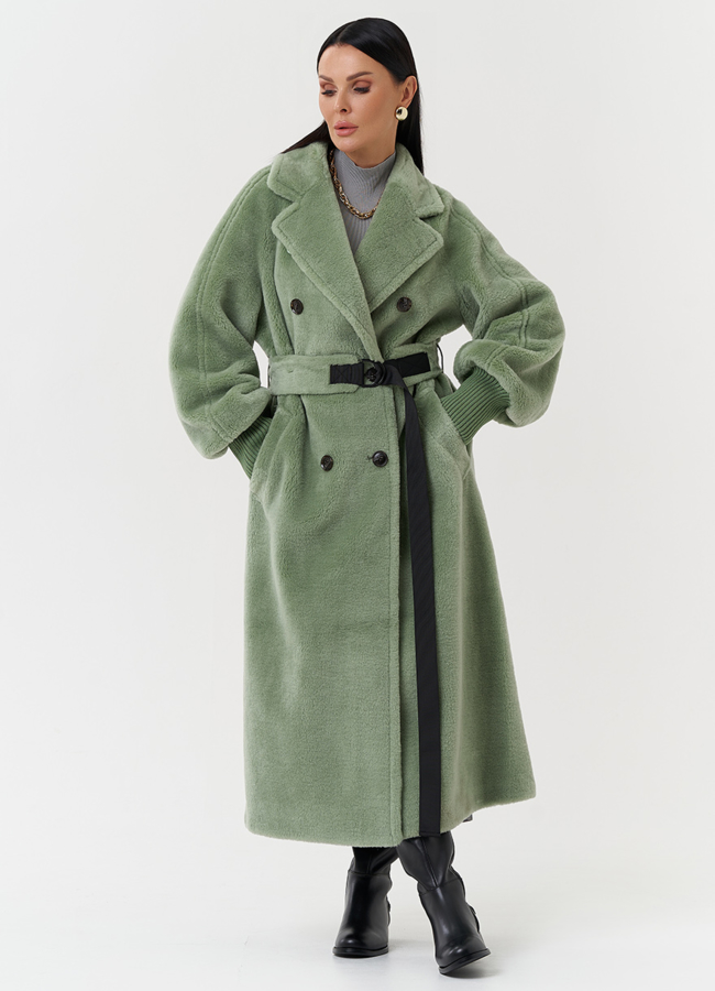 Яркое пальто из шерсти с поясом модель № 28541 меха малина