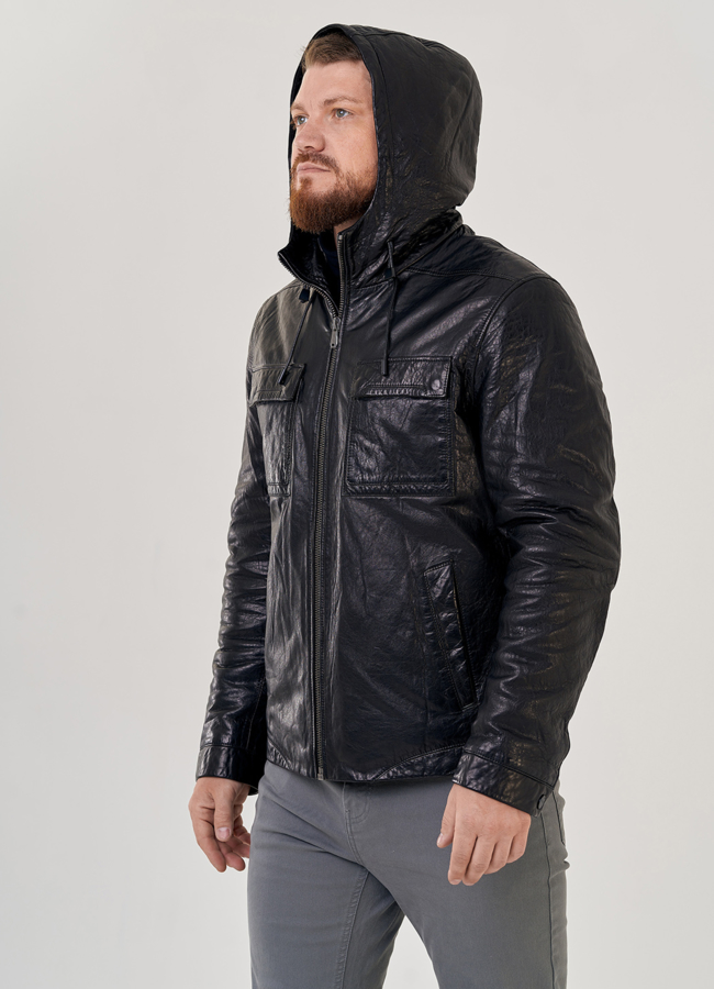 Мужская кожаная куртка с капюшоном модель № 80596 универмаг малина