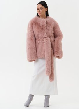 Шуба из эко песца в нежно-розовом цвете