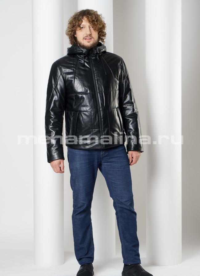 фото Кожаный пуховик с капюшоном модель № KP-236
