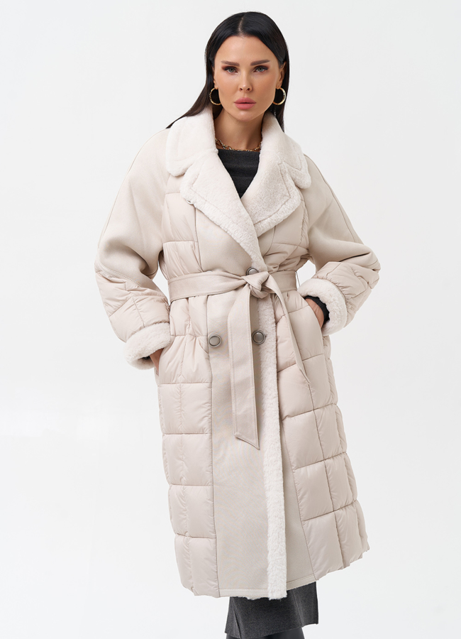 Комбинированный женский пуховик  модель № 27735 меха малина