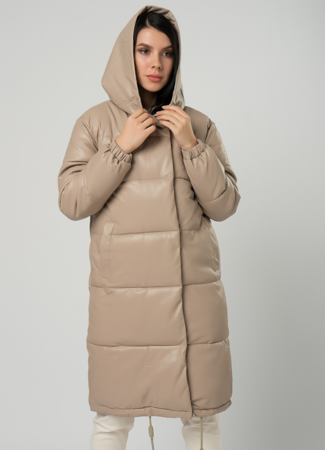Длинный пуховик из эко кожи модель № 73321 универмаг малина