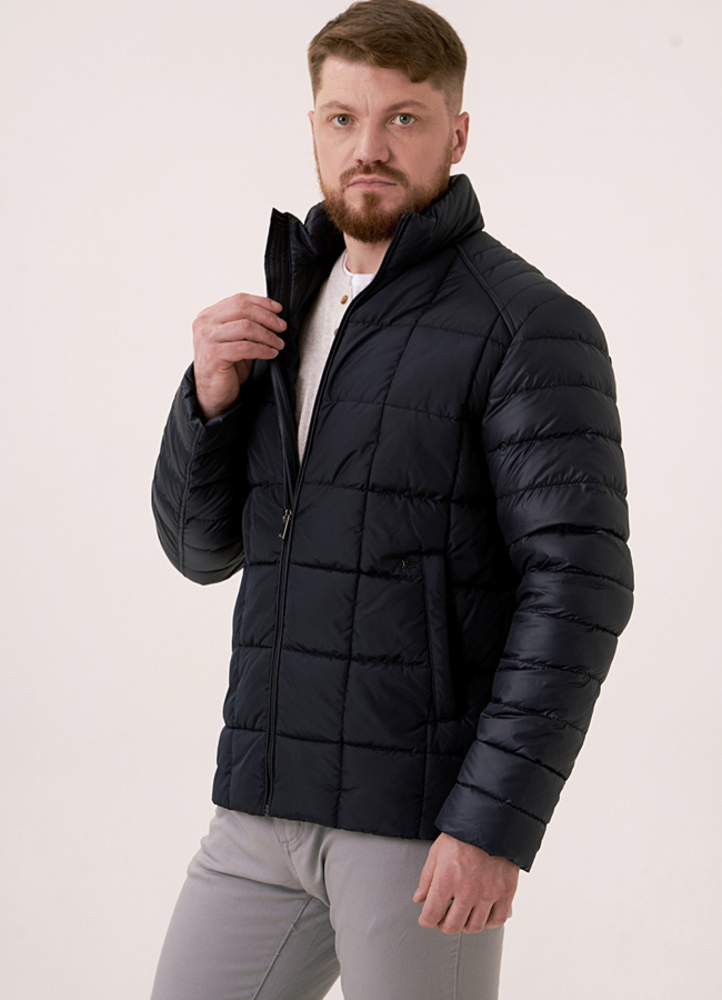 фото Мужской пуховик синего цвета со стойкой модель № 86