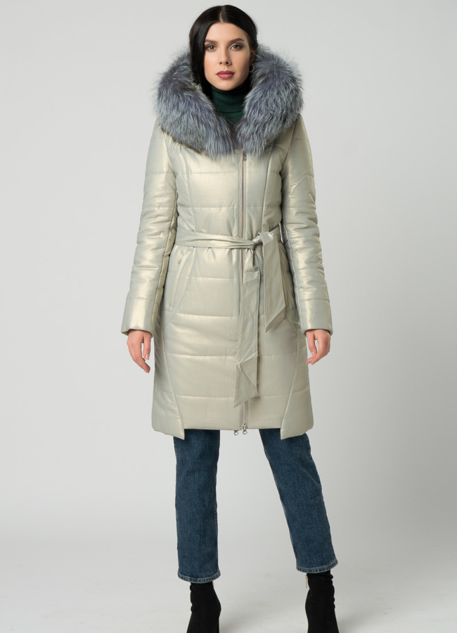 Пуховик из эко кожи с чернобуркой модель № 19073 в кредит