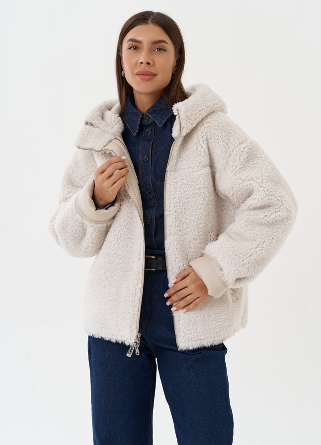 Двухсторонняя дубленка из эко кожи с капюшоном модель № 28653 универмаг малина