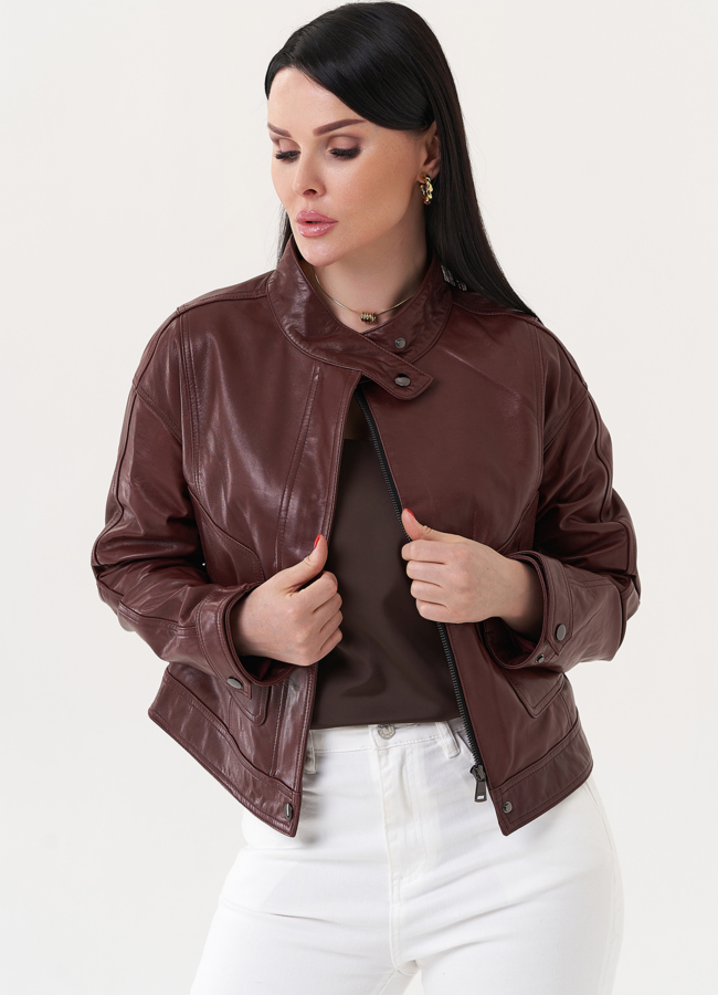 Куртка бордового цвета из натуральной кожи модель № 27221 в кредит