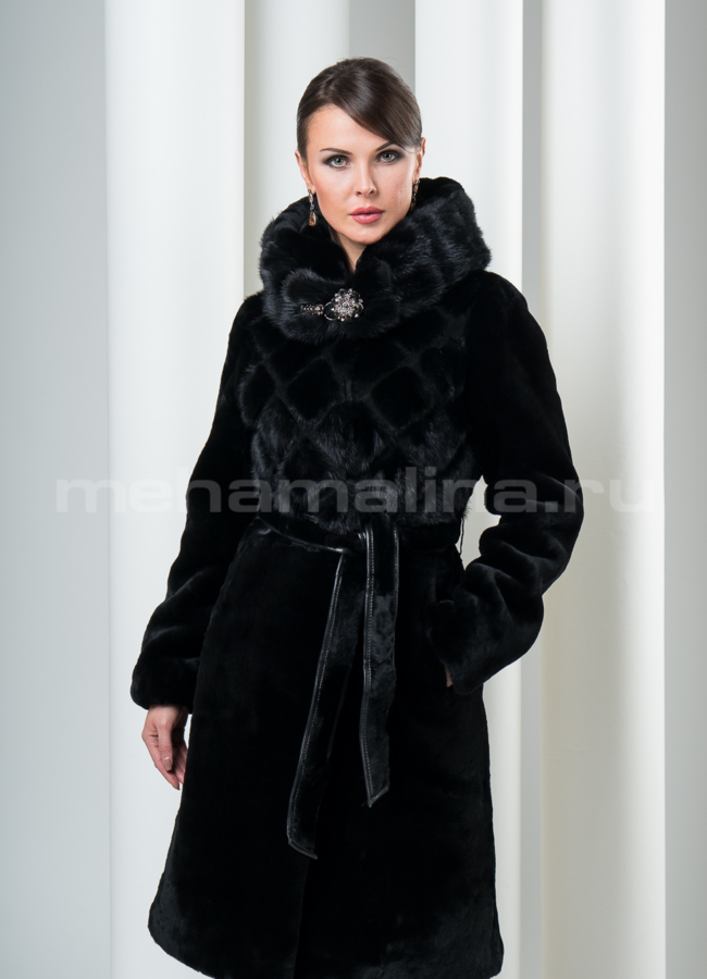 Шуба мутон с норкой модель № S-109 меха малина
