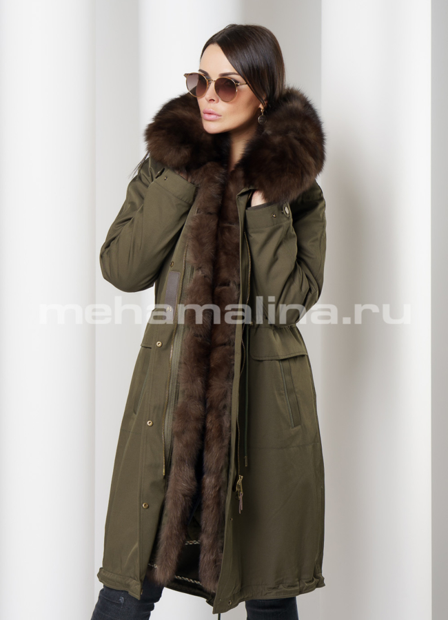 Парка в цвете хаки с капюшоном отделка песец модель № 1813 меха малина
