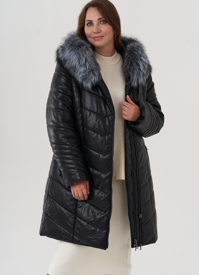 Пуховик из искусственной кожи с отделкой из натурального меха модель № 976 универмаг малина