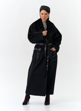 Женское длинное пальто с воротником из меха норки