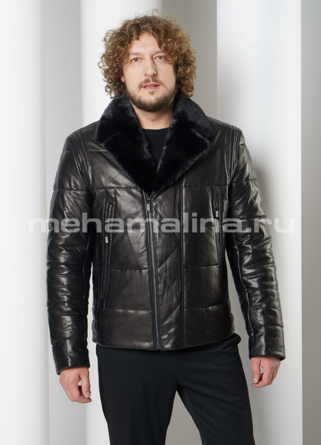 фото Пуховик из натуральной кожи с английским воротником, отделка норка модель № ПМ-112