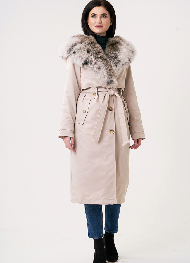 Бежевая удлиненная парка с песцом модель № 69121 универмаг малина