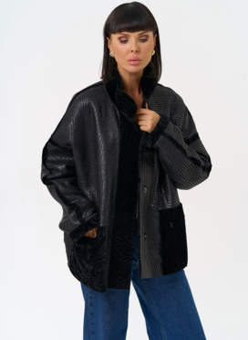 Женская двухсторонняя дубленка с воротником стойкой