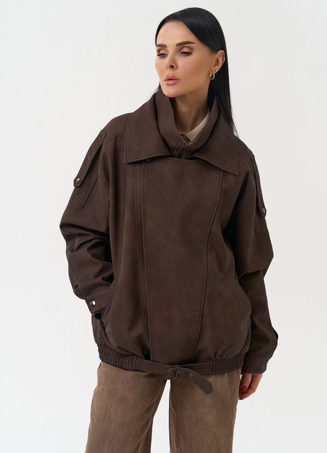 Женская куртка бомбер из эко кожи коричневого цвета модель № 30418 в кредит