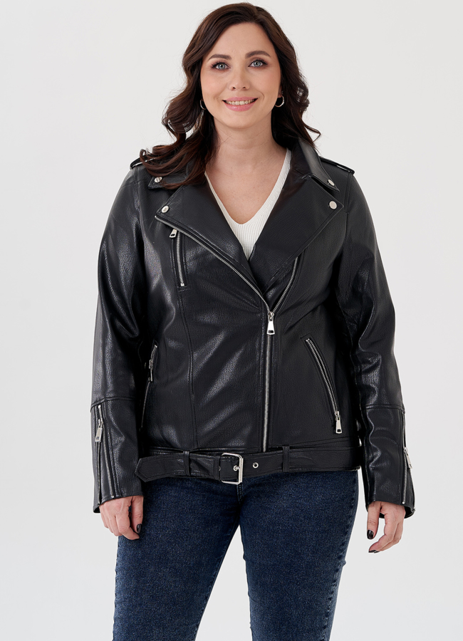 Удлиненная куртка косуха в черном цвете с ремнем модель № 695 в рассрочку Удлиненная куртка косуха в черном цвете с ремнем модель № 695 в рассрочку