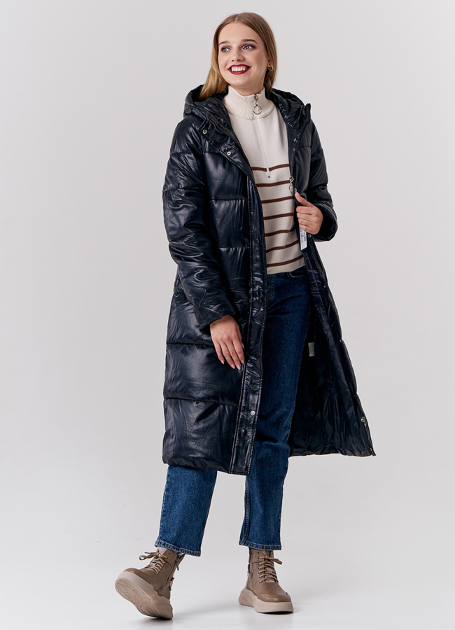 Пальто из эко кожи с капюшоном модель № 21827 универмаг малина