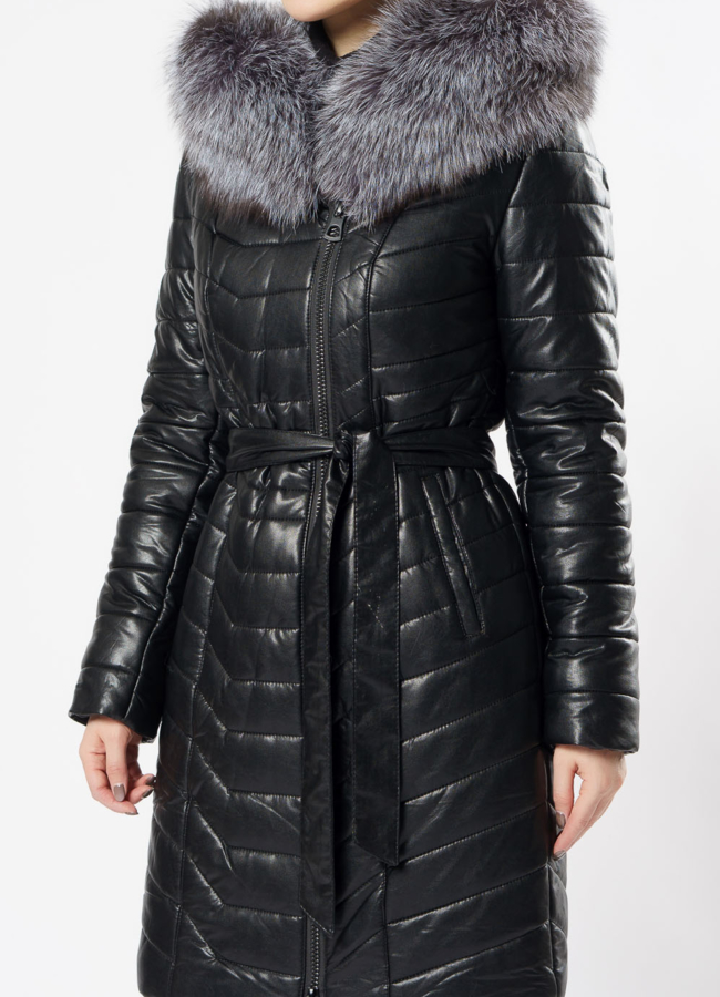 Пуховик из эко кожи черного цвета модель № 9801 универмаг малина