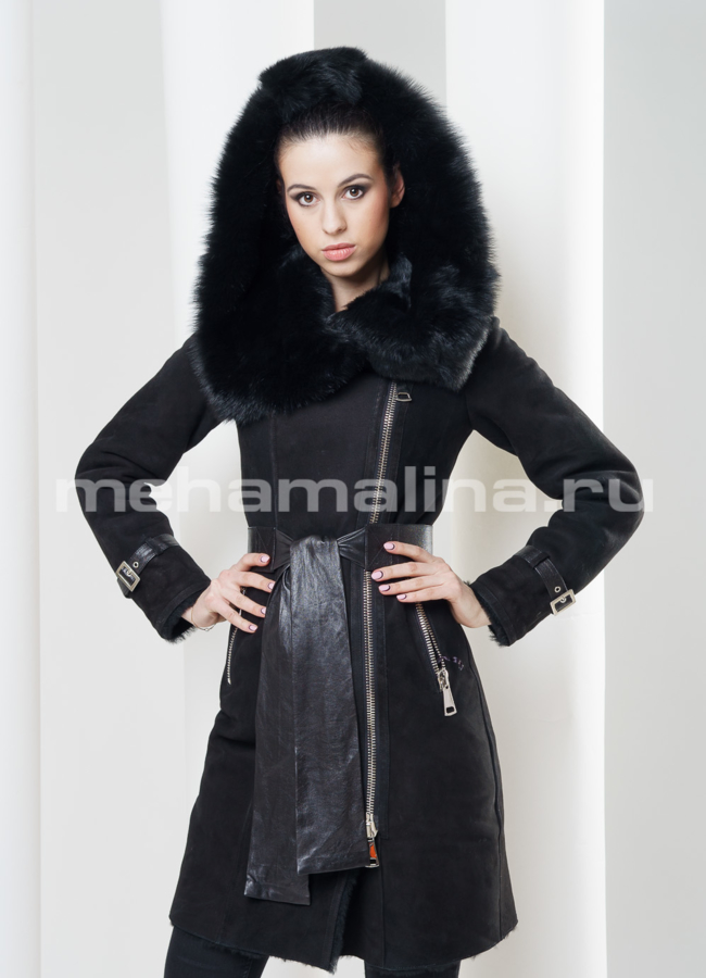 Дубленка с капюшоном модель № D-143 меха малина