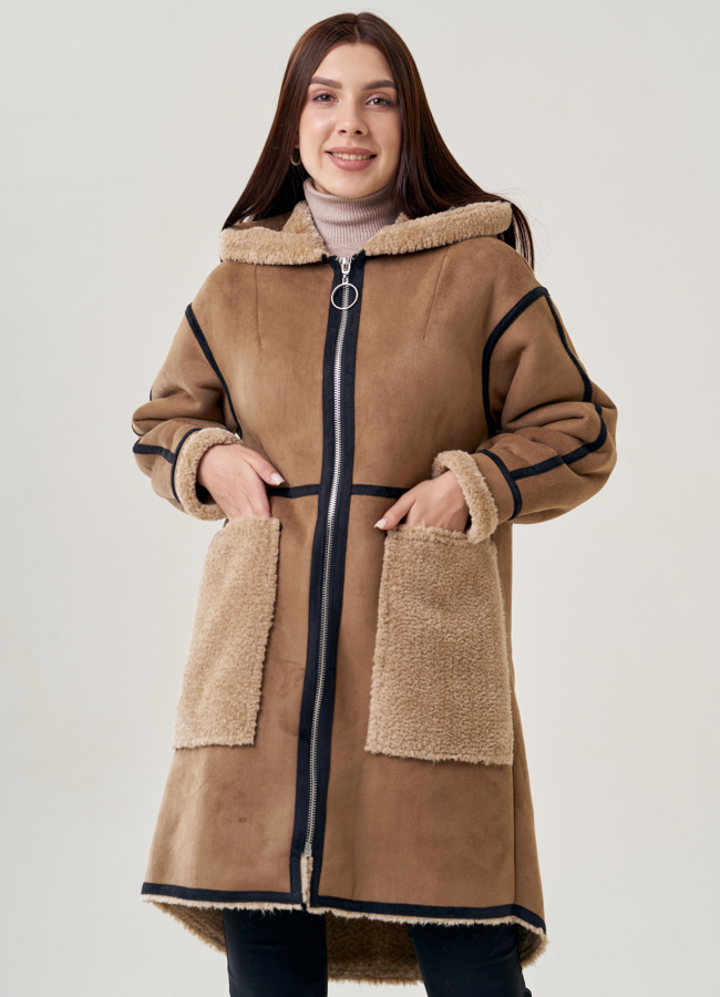 Женская дубленка из искусственного меха с капюшоном  модель № 22958 в кредит