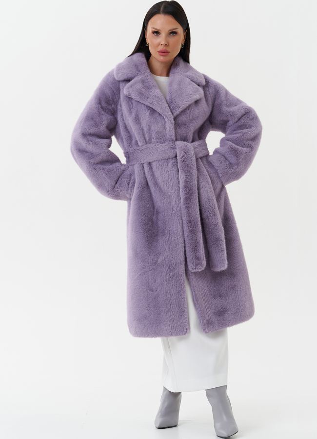 Пальто из эко меха с поясом модель № 1365 меха малина