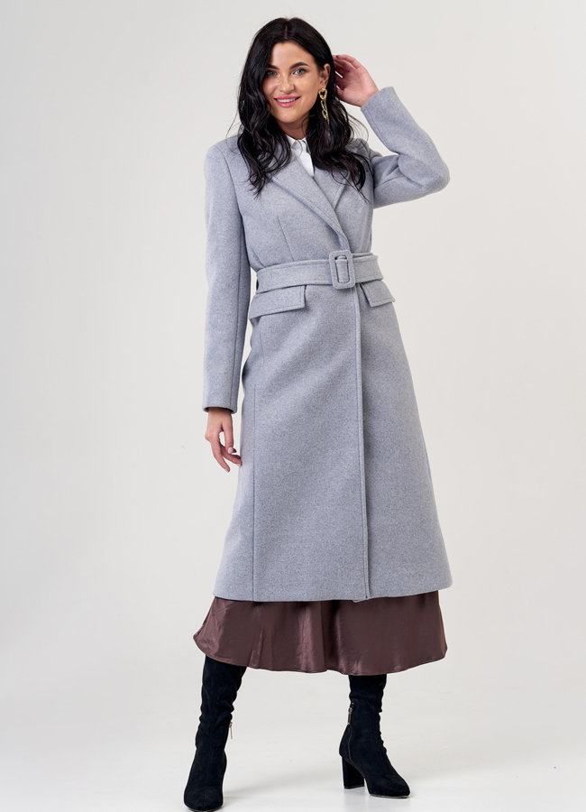 Женское пальто серого цвета с английским воротником модель № 20755 меха малина