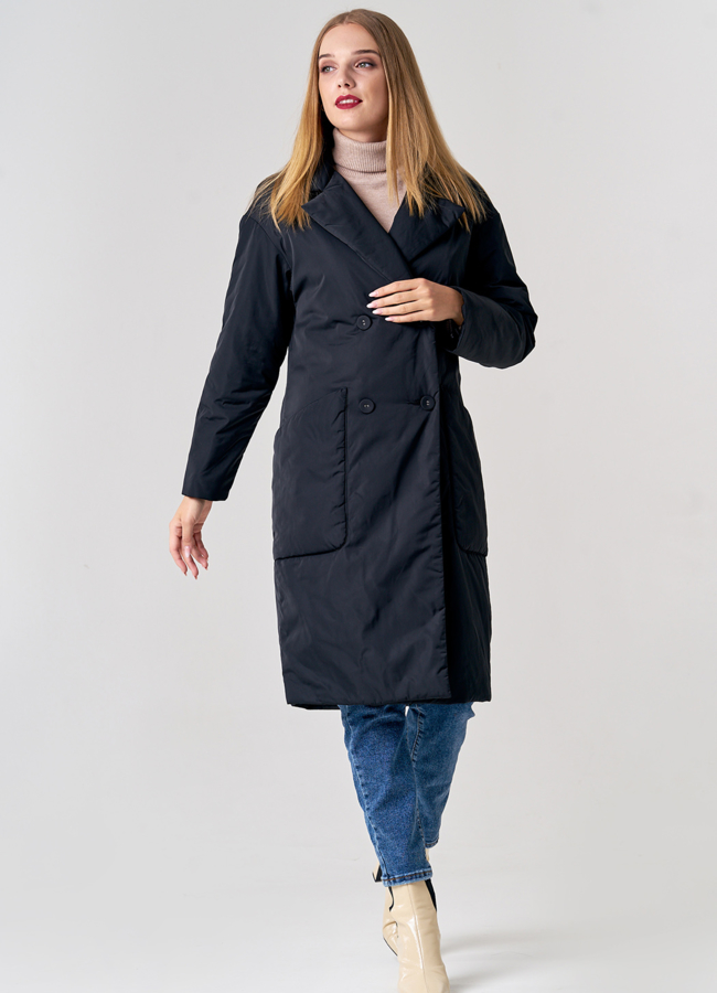 Двубортное плащевое пальто в черном цвете модель № 21156 универмаг малина