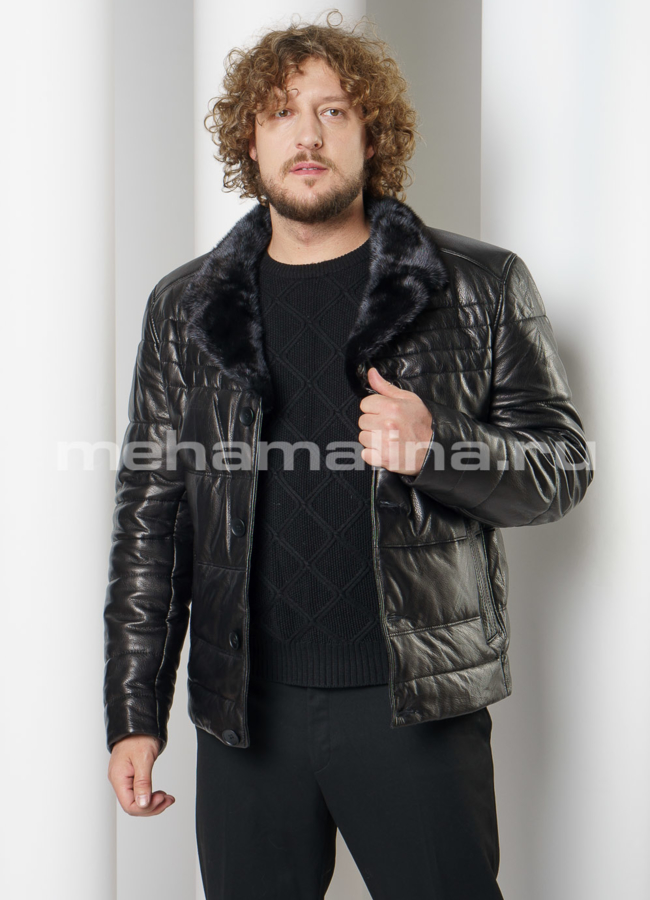 Мужской кожаный пуховик на пуговицах  модель № ПМ-111 универмаг малина