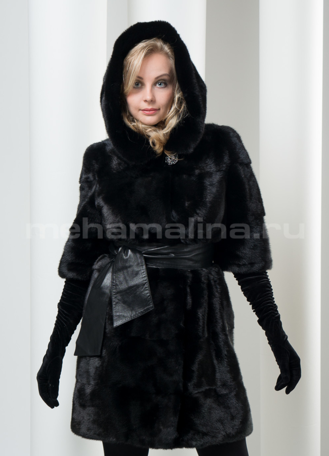 фото Шуба из норки с кожаным поясом модель № S-98 фото Шуба из норки с кожаным поясом модель № S-98