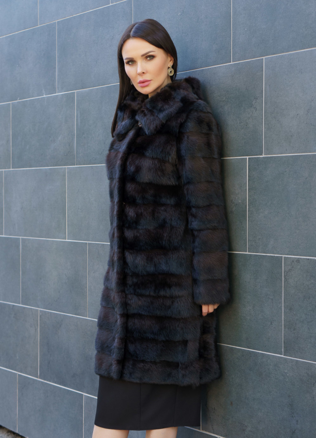 Удлиненная норковая шуба  с капюшоном модель № 1314 в кредит