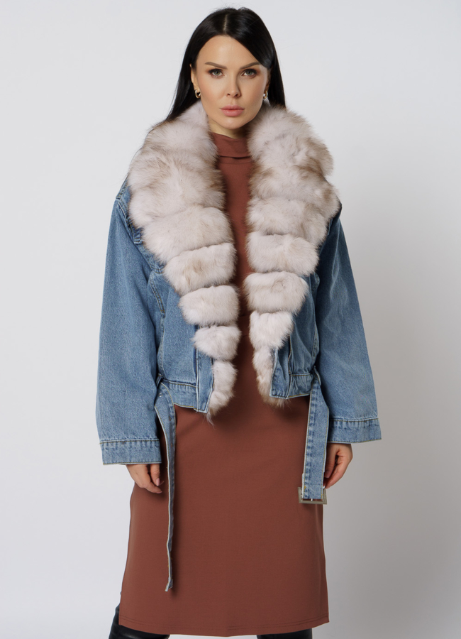 Утепленная джинсовая куртка с отделкой из песца модель № 21703 в кредит