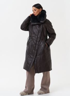 Женский кожаный пуховик с отделкой из натурального меха