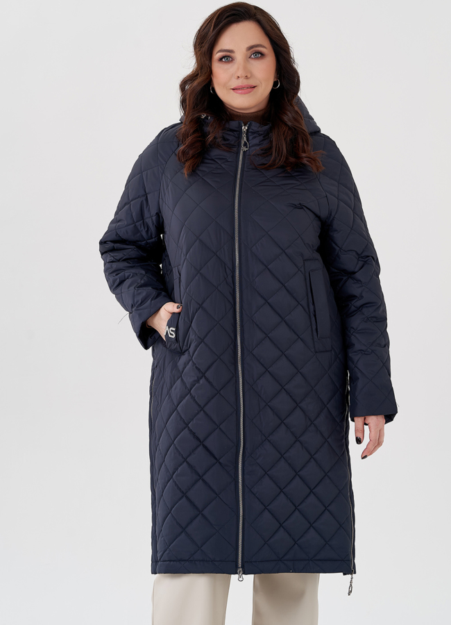 Пальто с капюшоном синего цвета  модель № 23939 меха малина