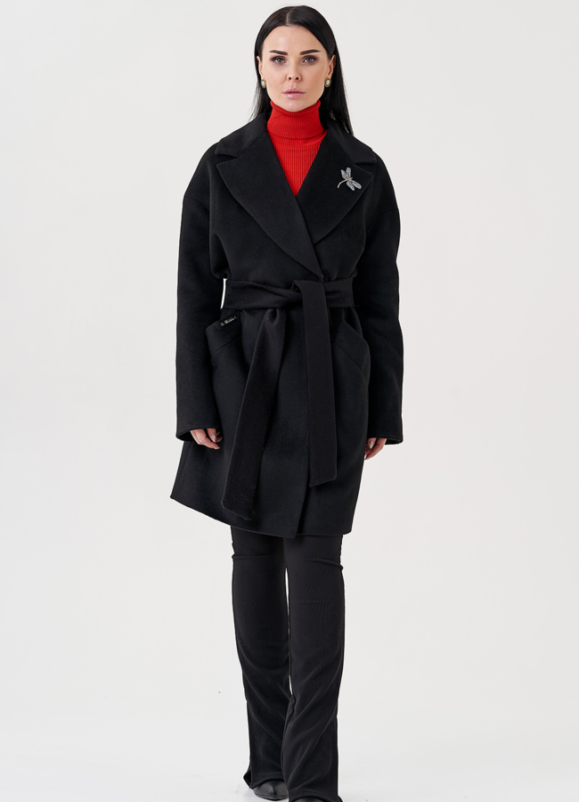 Женское пальто под пояс в черном цвете модель № 23960 универмаг малина