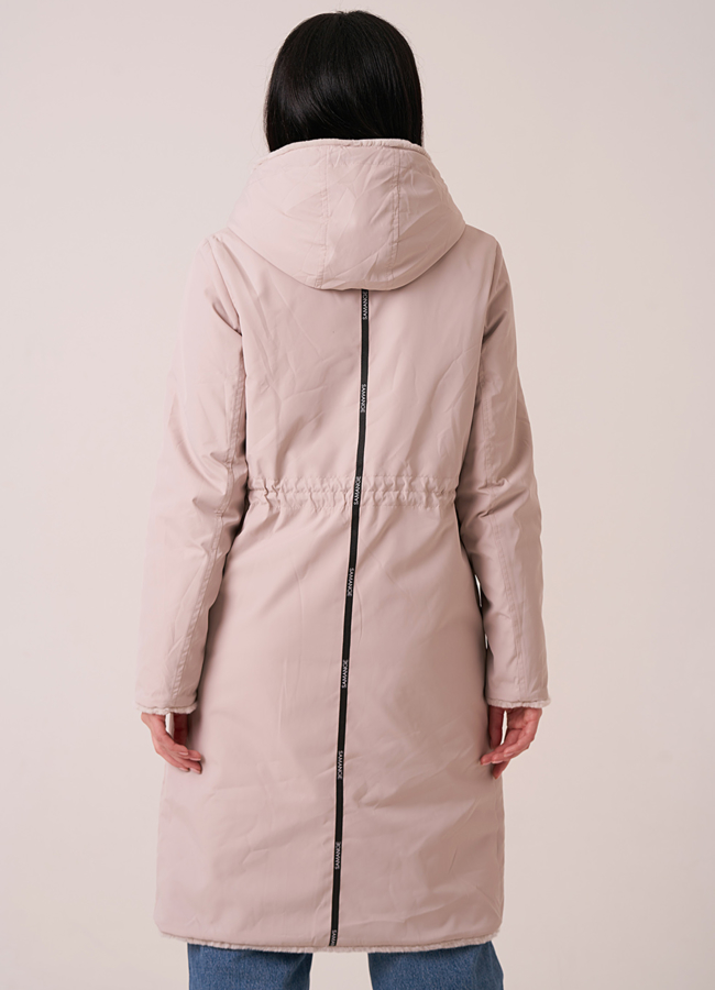 Двусторонняя эко шуба из искусственного меха с капюшоном на поясе модель № 1062 в рассрочку