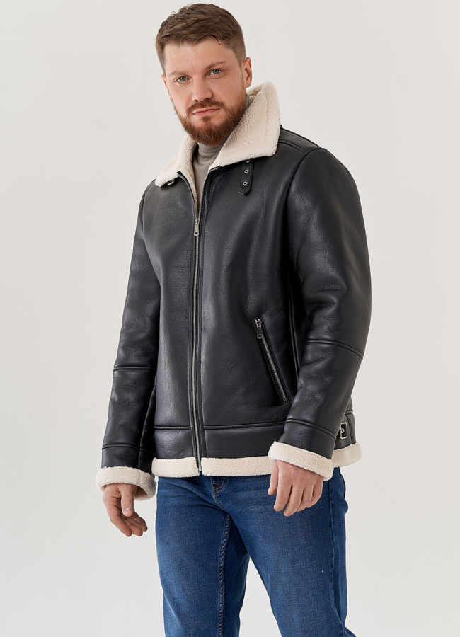 фото Мужская эко дубленка -  пилот черного цвета  модель № 79657 фото Мужская эко дубленка -  пилот черного цвета  модель № 79657