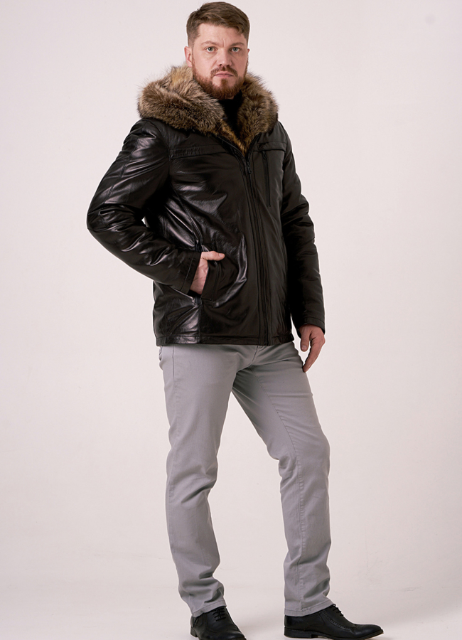 фото Кожаный пуховик с меховой отделкой  модель № 9255