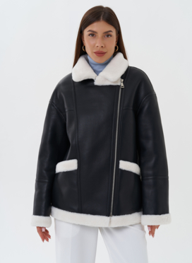 Дубленка из эко кожи черного цвета с черным эко мехом