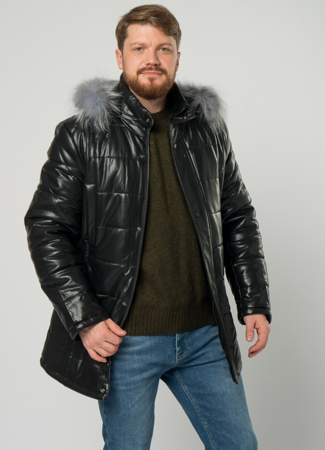 Мужской пуховик из эко кожи с капюшоном модель № 21877 универмаг малина