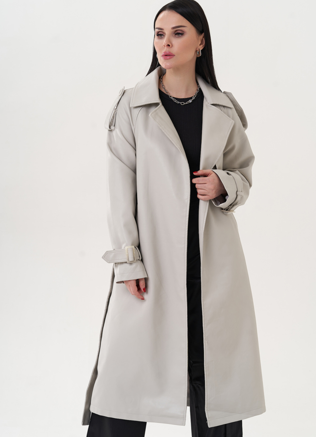 Тренч из эко кожи серого цвета модель № 26738 в рассрочку