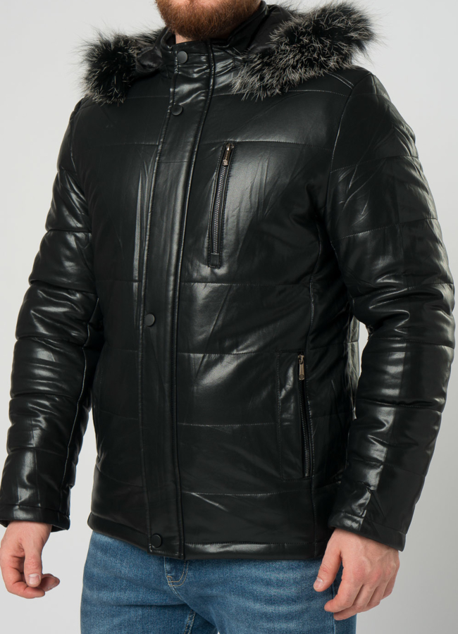 Мужской пуховик из эко кожи черного цвета модель № 21876 универмаг малина