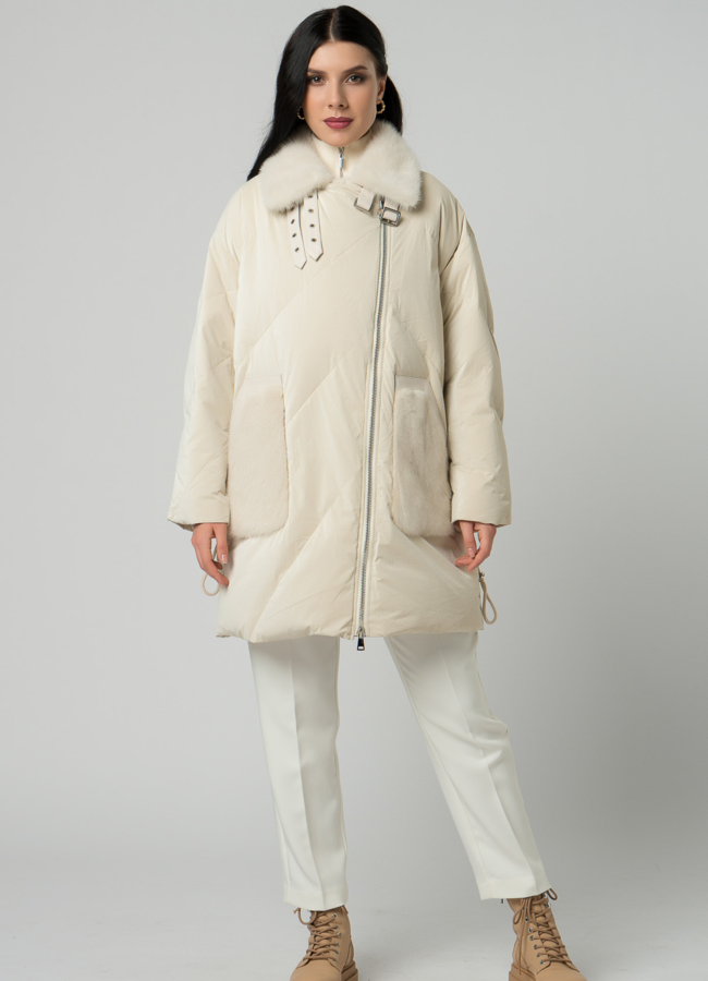 фото Светлый женский пуховик с отделкой из норки модель № 21862